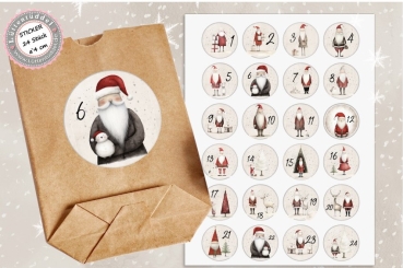 24 Stück zuckersüße Adventskalenderaufkleber Sticker Hygge Santa Nikolaus Vintage Weihnachten  /4cm rund mit-oder ohne 24 Beutelchen aus Kraftpapier
